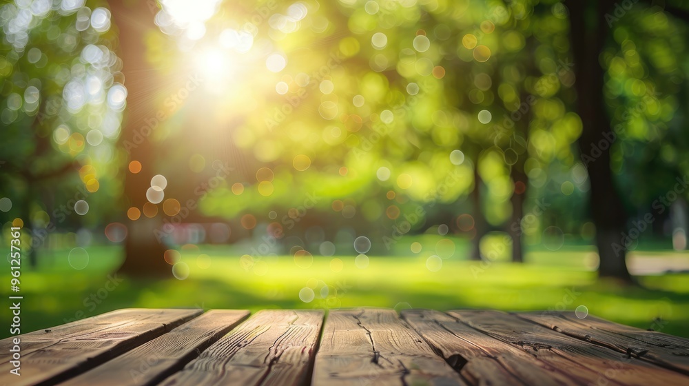 Green park in summer with blurred background, wood table top on shiny green bokeh for product display Green park in summer with blurred background, wood table top on shiny green bokeh for product display