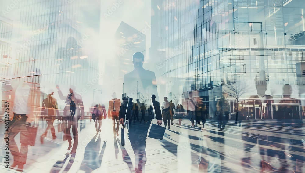 Obraz premium People walking in the city and digital marketing elements, such as graphs or social media icons, business scenes, wide-angle image ideal for marketing and advertisements