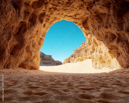 The ancient city of Petra in Jordan captured from inside one of its carved rock temples