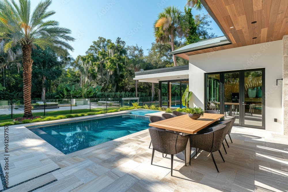 Outdoor Patio with Dining Table, Pool, and Tropical Foliage, Beige Wood Vinyl Walls, and Glass Fence at Miami Beach Home Outdoor Patio with Dining Table, Pool, and Tropical Foliage, Beige Wood Vinyl Walls, and Glass Fence at Miami Beach Home