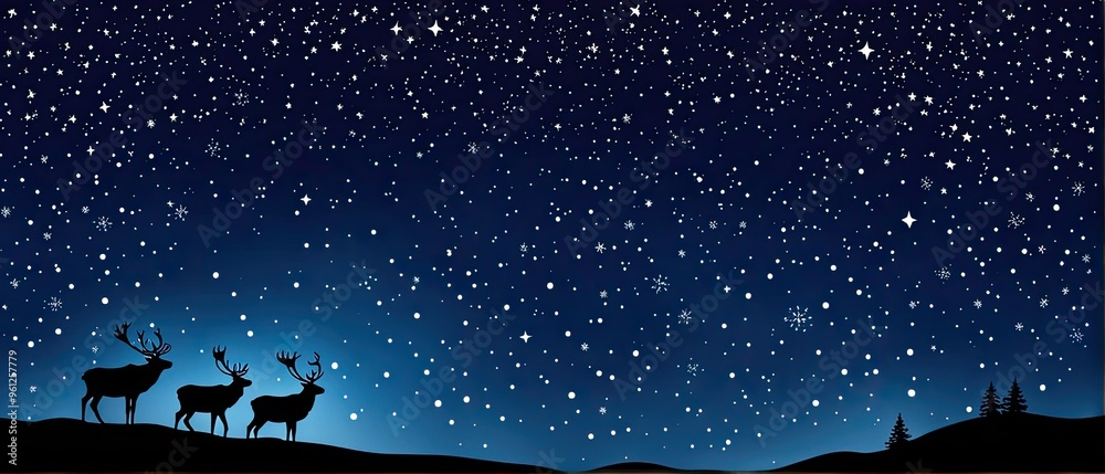 Naklejka premium Starry Night with Silhouetted Reindeer against a Clear, Winter Sky with Snowflakes and Twilight