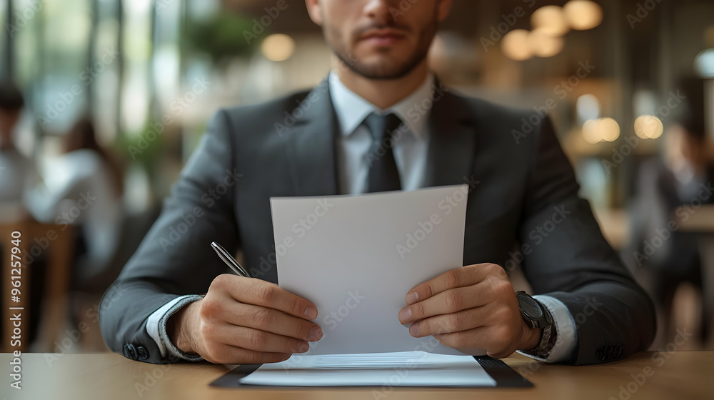 A man in a suit holding a blank paper at a business meeting. A man in a suit holding a blank paper at a business meeting.