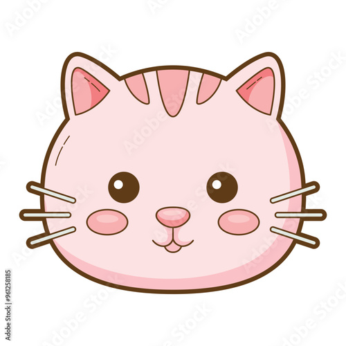 Pink cat face with large eyes and whiskers, ideal for pet products, children's illustrations, and cute design projects. Sweet and playful