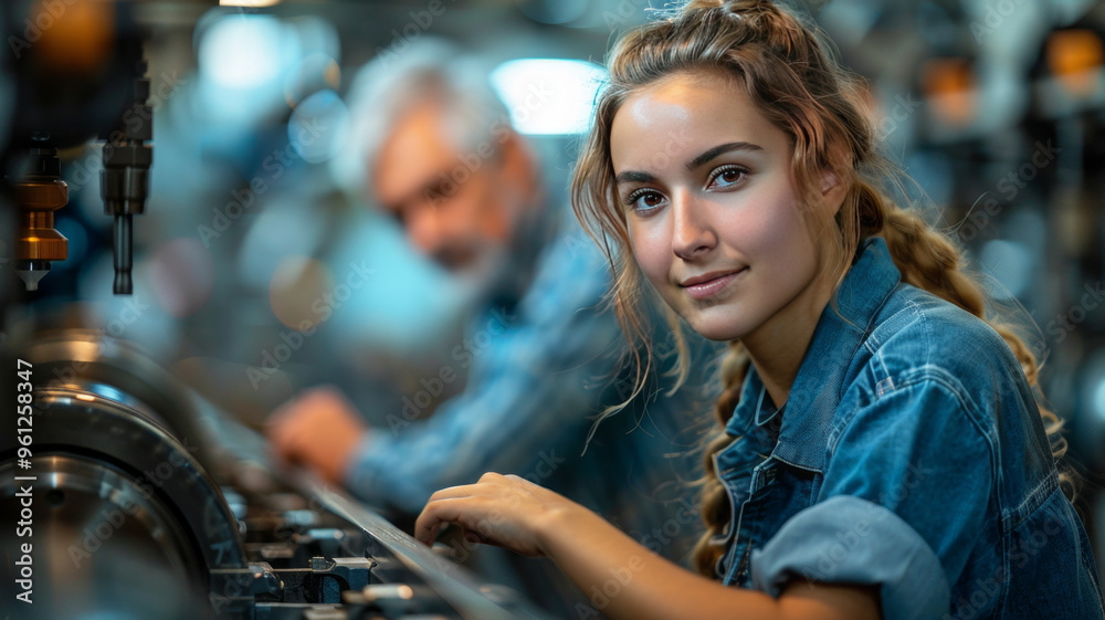 A high-class shot of a woman at a CNC machine, smiling at her older colleague as they work together, loading aluminium profiles in a workshop. A high-class shot of a woman at a CNC machine, smiling at her older colleague as they work together, loading aluminium profiles in a workshop.