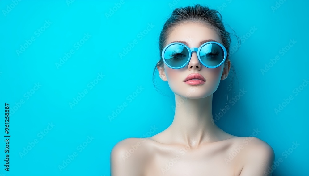 Woman with Blue Sunglasses Red Lips on Light Blue Background Woman with Blue Sunglasses Red Lips on Light Blue Background