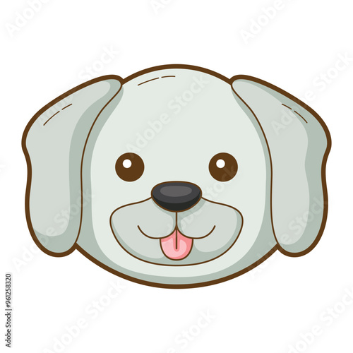 Dog head with gray fur, brown eyes, pink tongue, and a smiling expression