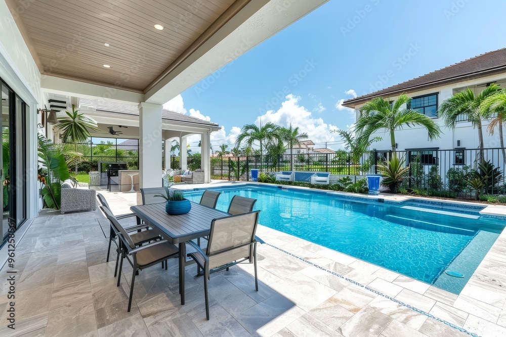 Outdoor Patio with Dining Table, Pool, and Tropical Foliage, Beige Wood Vinyl Walls, and Glass Fence at Miami Beach Home Outdoor Patio with Dining Table, Pool, and Tropical Foliage, Beige Wood Vinyl Walls, and Glass Fence at Miami Beach Home
