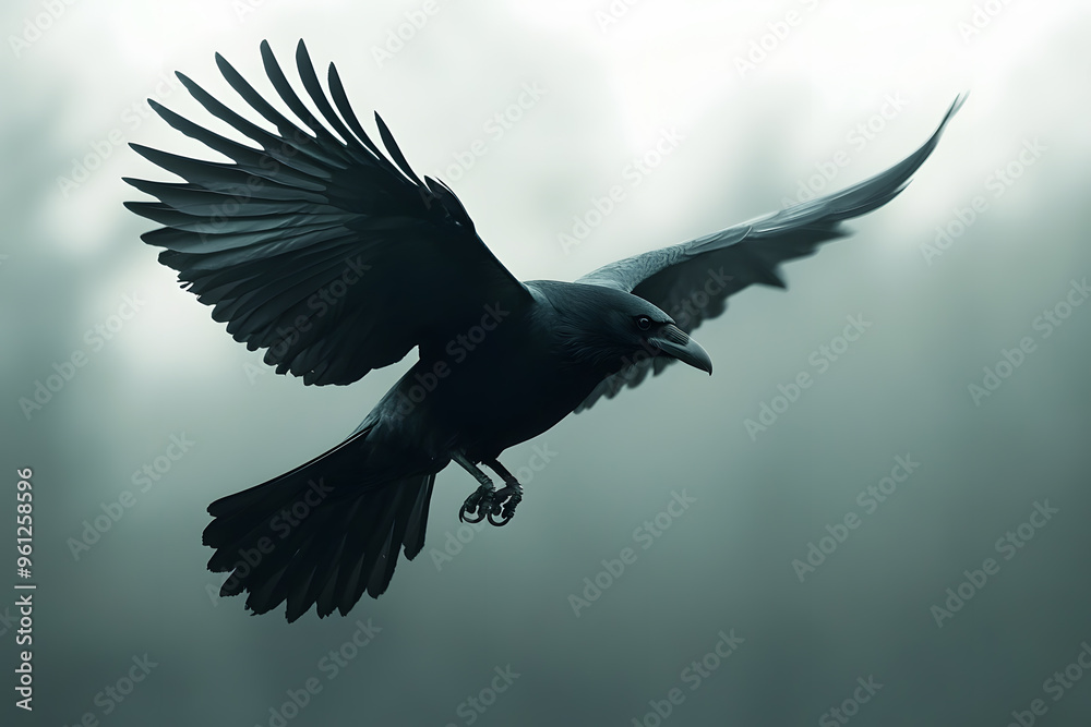 Fototapeta premium Beautiful black raven, crow in flight 