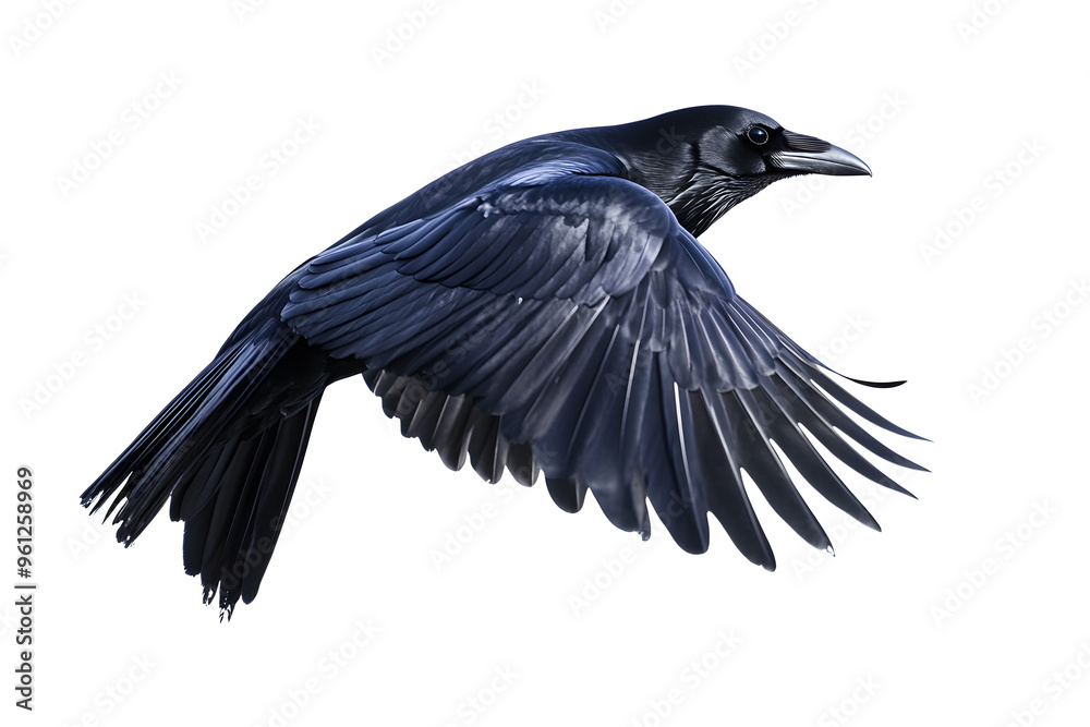 Fototapeta premium Beautiful black raven, crow in flight isolated on white background