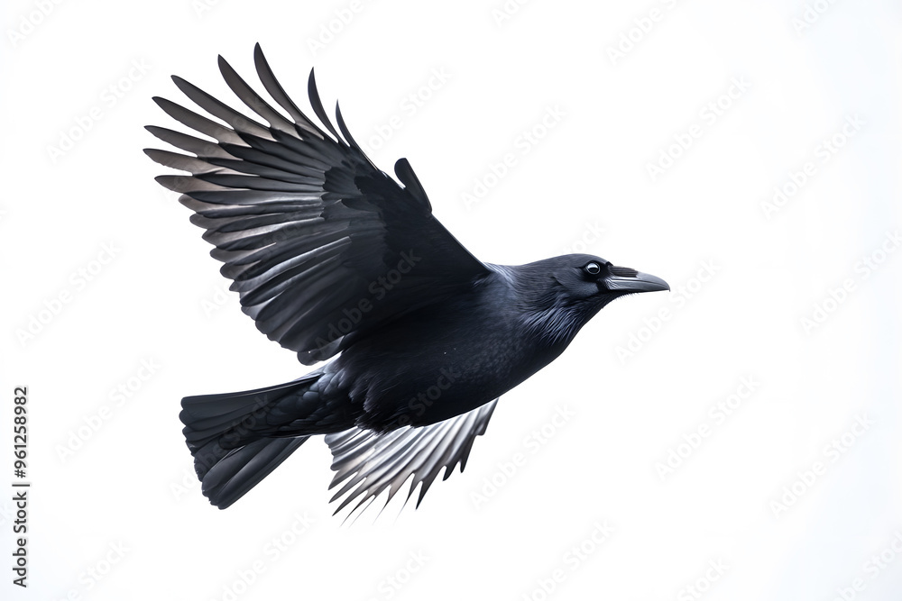 Fototapeta premium Beautiful black raven, crow in flight isolated on white background