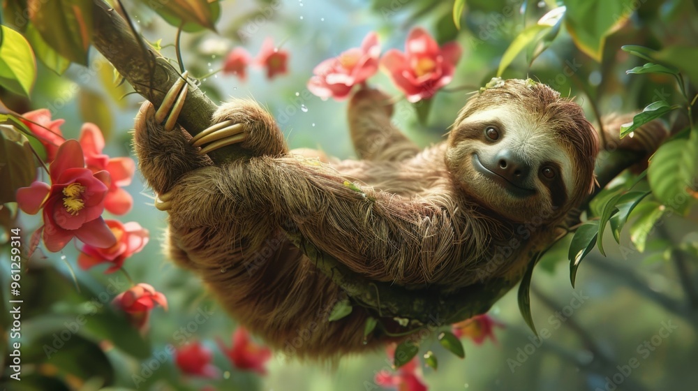 Sloth Hanging on Tree Branch with Pink Flowers Sloth Hanging on Tree Branch with Pink Flowers