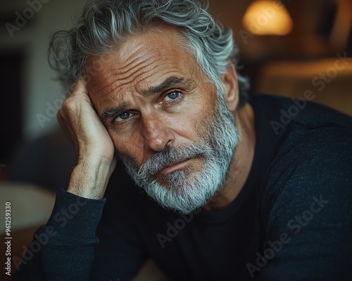 Senior grayhaired man feeling upset, sitting alone on a sofa, leaning his head on his hand, thoughtful and melancholic, emotional home setting, soft and subdued lighting photo