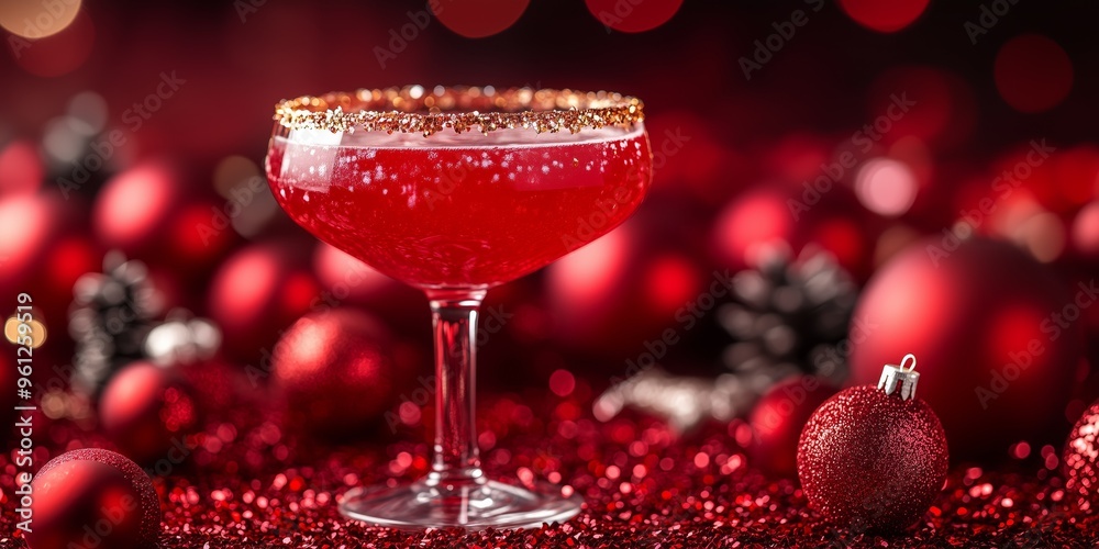 Christmas-themed cocktail with golden glitter lining the rim, traditional Christmas decorations and baubles create a cozy, celebratory atmosphere Christmas-themed cocktail with golden glitter lining the rim, traditional Christmas decorations and baubles create a cozy, celebratory atmosphere