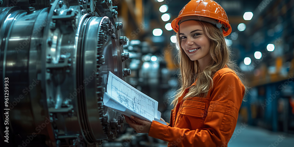 smiling female engineer inspecting a large engine, safety helmet on, blueprints in hand, industrial background, smiling female engineer inspecting a large engine, safety helmet on, blueprints in hand, industrial background,