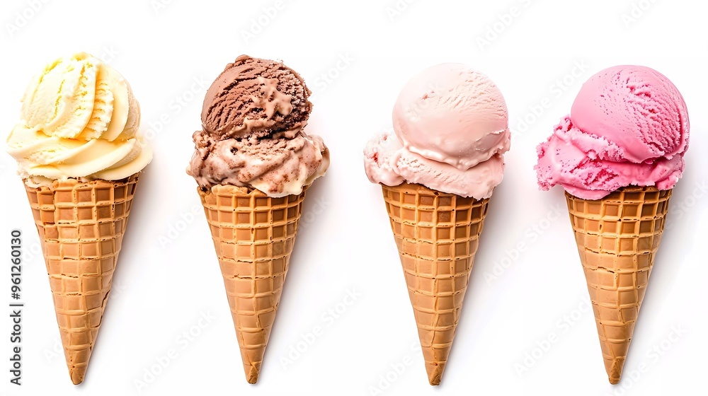 4 kinds of ice cream cones. Different flavors isolated on white background 4 kinds of ice cream cones. Different flavors isolated on white background