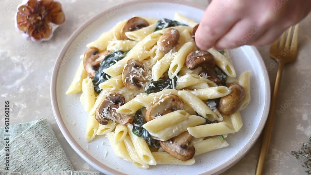 Penne pasta with mushrooms, spinach and cheese. Healthy food. Vegetarian food. Penne pasta with mushrooms, spinach and cheese. Healthy food. Vegetarian food.
