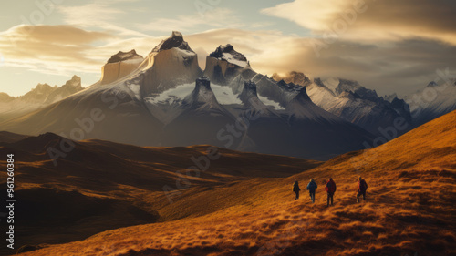 A cinematic shot of clouds atop a Patagonian mountain at golden hour, capturing the adventure and depth of nature with a focus on the mountain's peak.