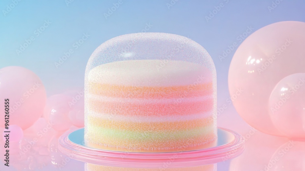 Dreamy modern psychedelic Birthday banner in dreamy fantasy style. Gradient sky with sugar cotton pink pastel clouds. Digital unicorn Bday design with space for text. 3D render Dreamy modern psychedelic Birthday banner in dreamy fantasy style. Gradient sky with sugar cotton pink pastel clouds. Digital unicorn Bday design with space for text. 3D render