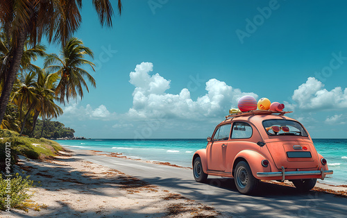 image of a vintage car loaded with summer gear, parked on a tropical beach with azure waters. photo