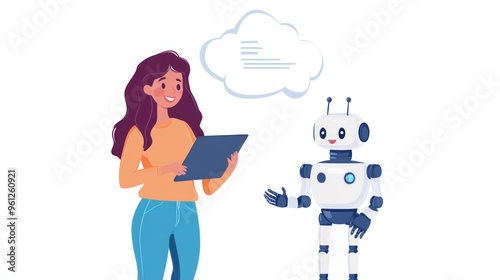 A woman is talking to a robot