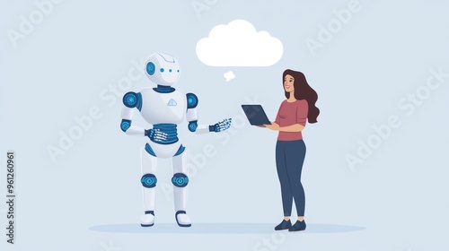 A woman is talking to a robot