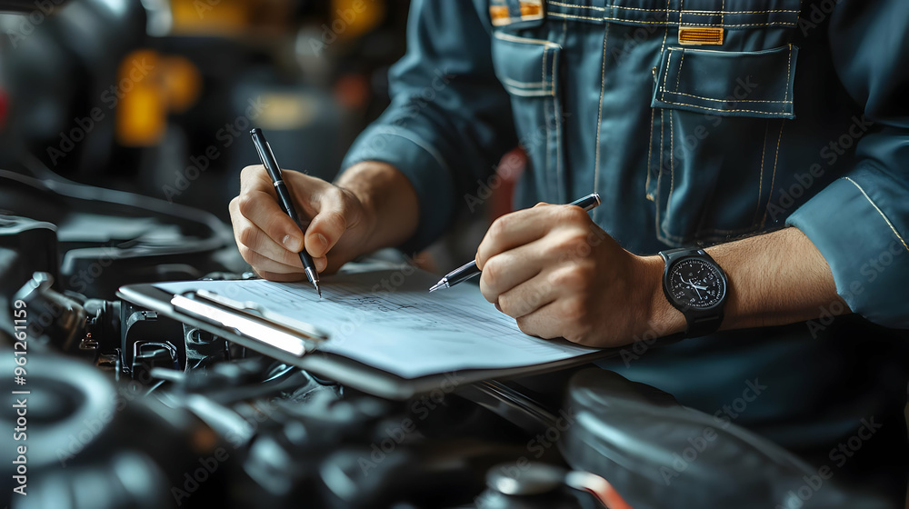 A mechanic writing on a clipboard in a workshop.