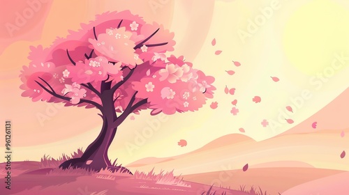 Pink heart shaped tree. Cartoon illustration