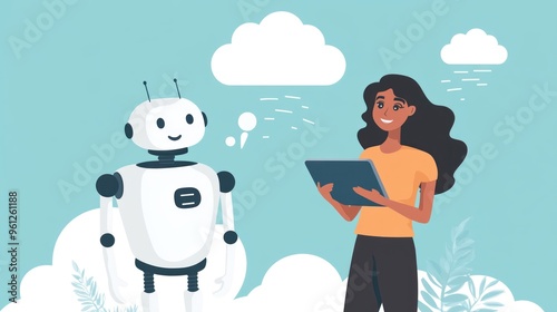 A woman is talking to a robot