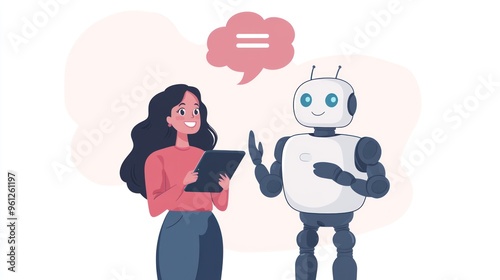 A woman is talking to a robot