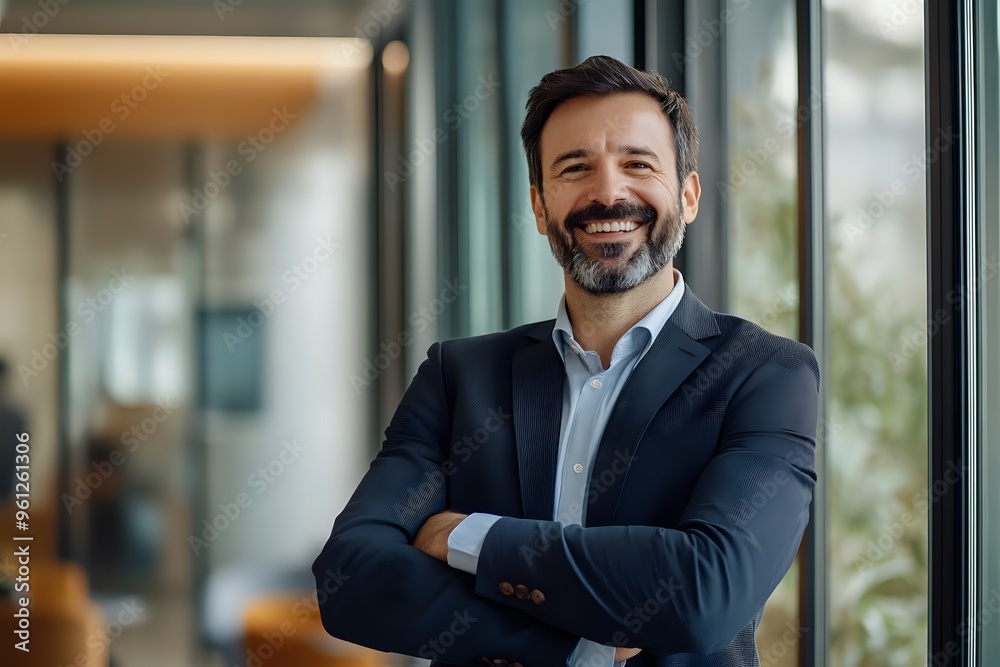 Fototapeta premium Confident Businessman Stands with Arms Crossed in Modern Office