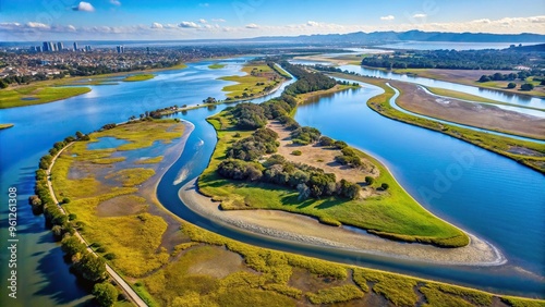 Aerial view of Mission Bay San Diego River Estuary Preserve meeting the Bay in California photo