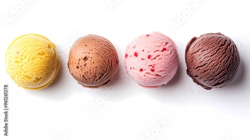 Set of four different ice cream balls or scoops isolated on a white background. Top view. Flavors vanilla, strawberry, chocolate and caramel. 