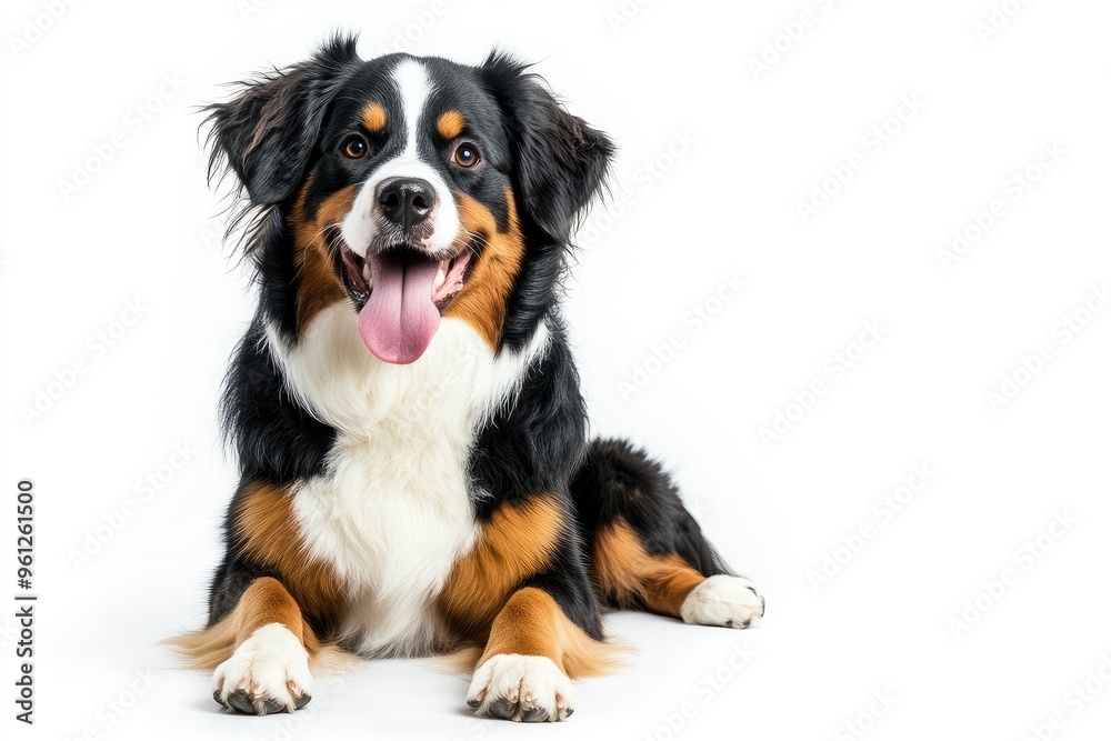 Happy Bernese mountain dog sitting on a white background and looking at the camera with its tongue out, ai Happy Bernese mountain dog sitting on a white background and looking at the camera with its tongue out, ai