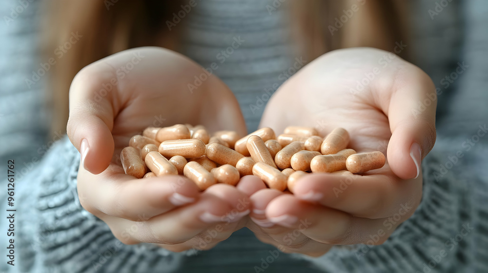 A pair of hands holding numerous capsules, suggesting health or supplements. A pair of hands holding numerous capsules, suggesting health or supplements.