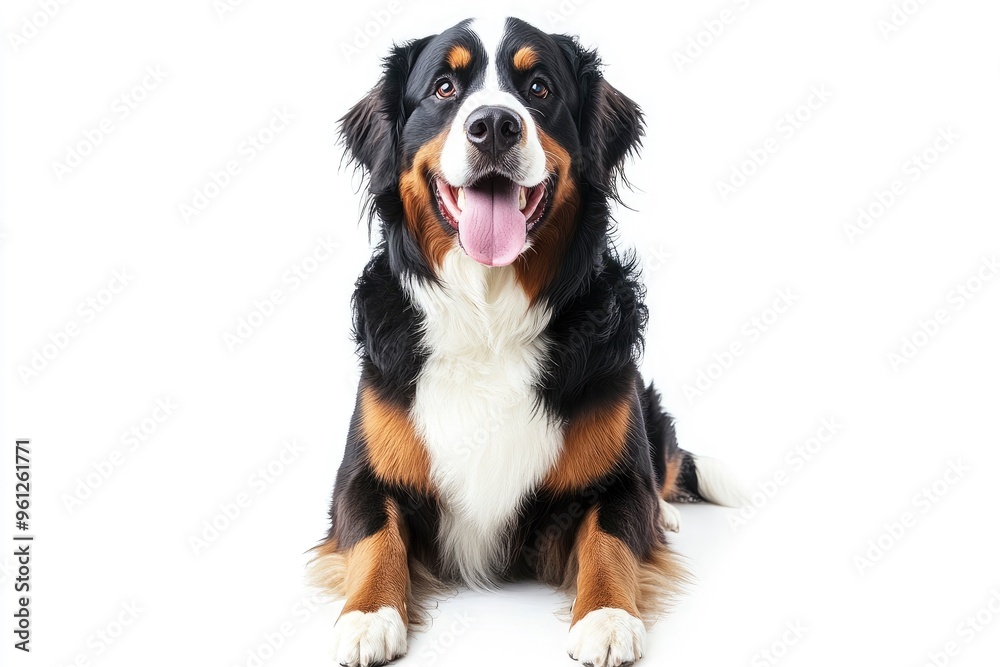 Happy Bernese mountain dog sitting on a white background and looking at the camera with its tongue out, ai Happy Bernese mountain dog sitting on a white background and looking at the camera with its tongue out, ai