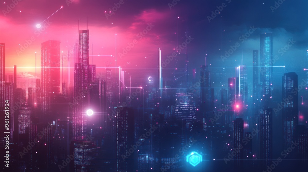 A computer generated image of a city with a blue sky and red and blue lights
