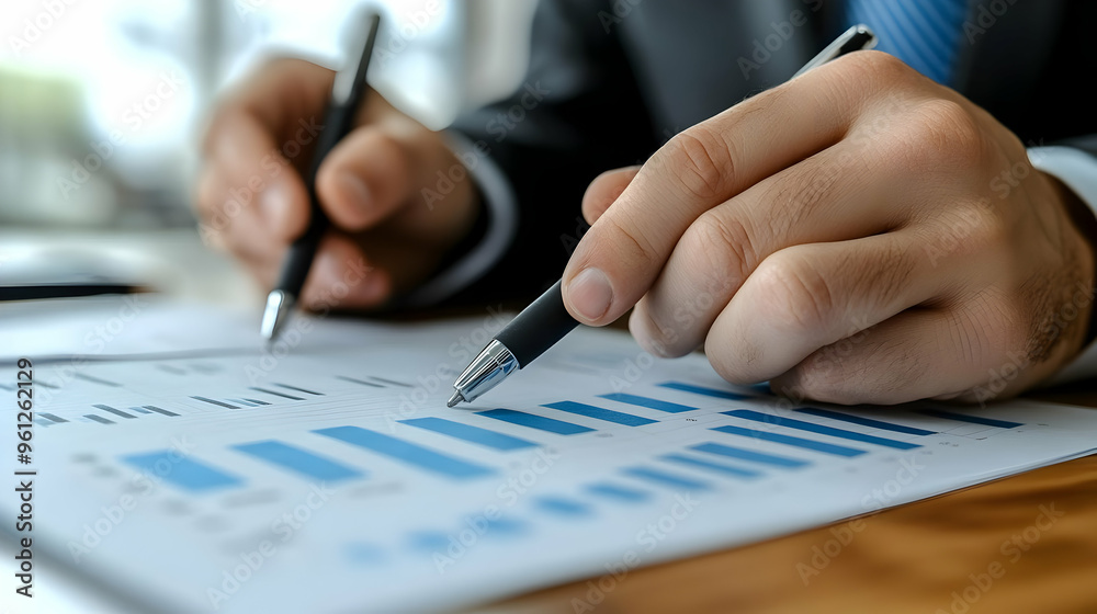 A person analyzing data with graphs and charts on a document. A person analyzing data with graphs and charts on a document.