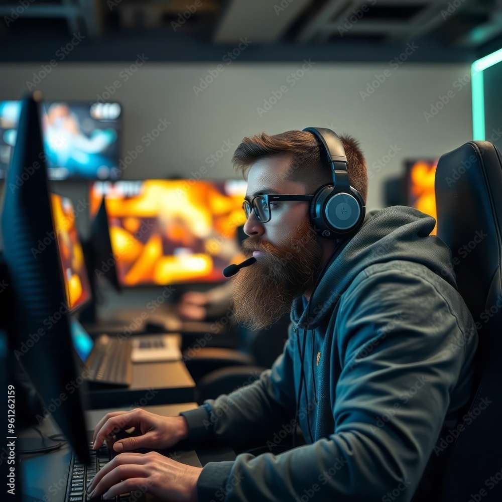 Bearded male esports gamer playing online strategy video game ina gameroom gameroom Ultra realistic Photorealistic Bearded male esports gamer playing online strategy video game ina gameroom gameroom Ultra realistic Photorealistic