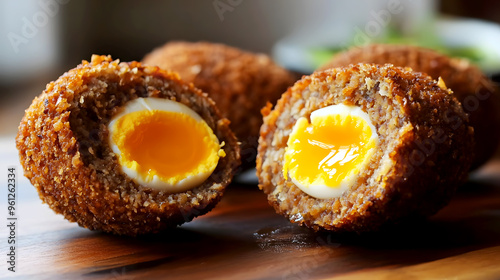 Golden-brown Scotch eggs, cut in half to reveal a soft, runny yolk center photo