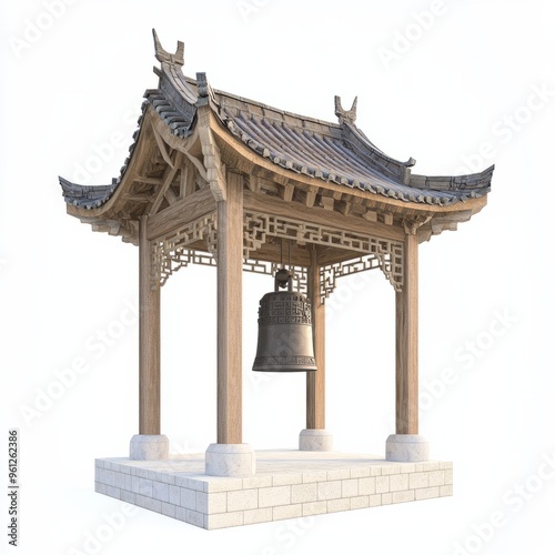 3D Render of a Chinese bell tower with a large hanging bell and wooden beams, on isolated white background