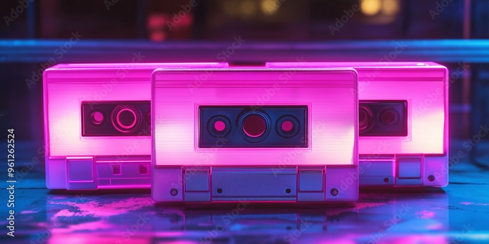 Three pink cassette tapes are lit up in a neon light. The tape player is on the left side of the image Three pink cassette tapes are lit up in a neon light. The tape player is on the left side of the image