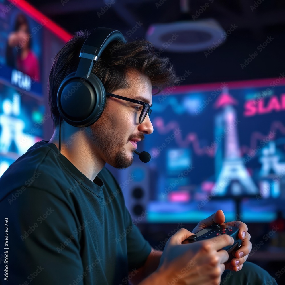 Guy in headphones plays games gamepad isolated backgrounds gameroom Ultra realistic Photorealistic Guy in headphones plays games gamepad isolated backgrounds gameroom Ultra realistic Photorealistic