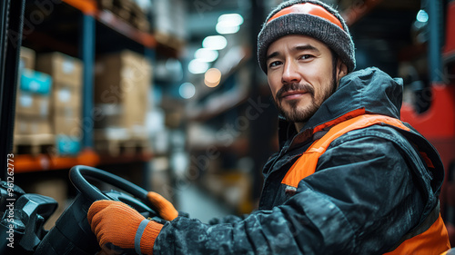 A friendly forklift operator in gray and orange safety gear drives through a busy, well-lit warehouse, emphasizing diligence and safety amidst stocked shelves.