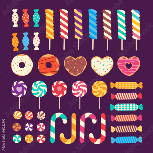 Sweets Vector Set. Collection of Flat Design Cookies, Candies, Sweets, Donuts, Lollipops, Twisted Marshmallows.