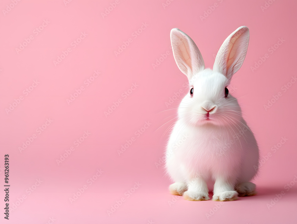 A charming white rabbit with vibrant eyes and soft fur stands alert on a subtle pink background. A charming white rabbit with vibrant eyes and soft fur stands alert on a subtle pink background.