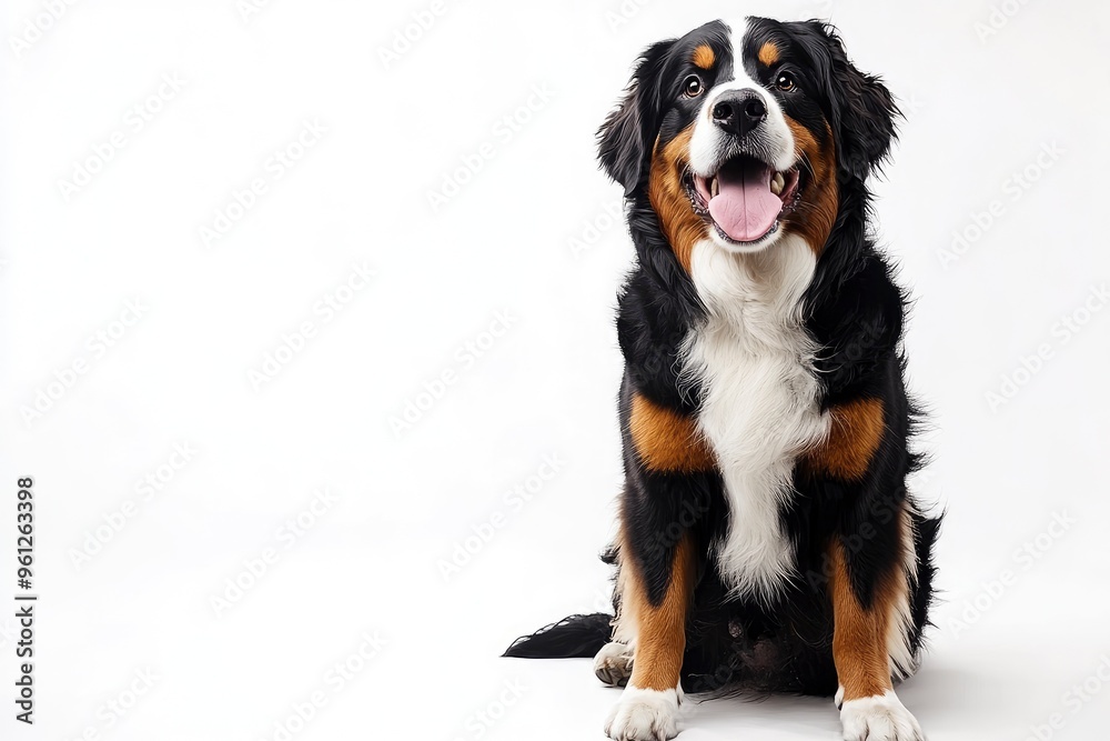 Happy Bernese mountain dog sitting on a white background and looking at the camera with its tongue out , ai Happy Bernese mountain dog sitting on a white background and looking at the camera with its tongue out , ai