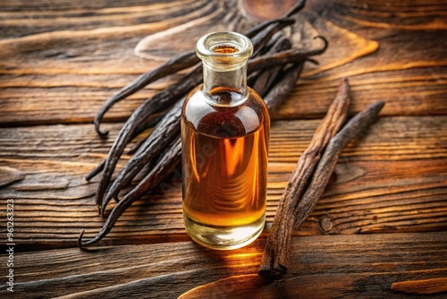 Aerial view of premium vanilla extract in a clear bottle for baking and desserts