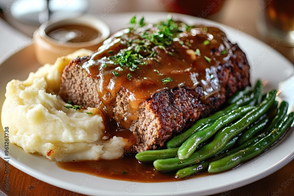 A classic meatloaf dinner with mashed potatoes, green beans, and gravy, served on a white plate A classic meatloaf dinner with mashed potatoes, green beans, and gravy, served on a white plate