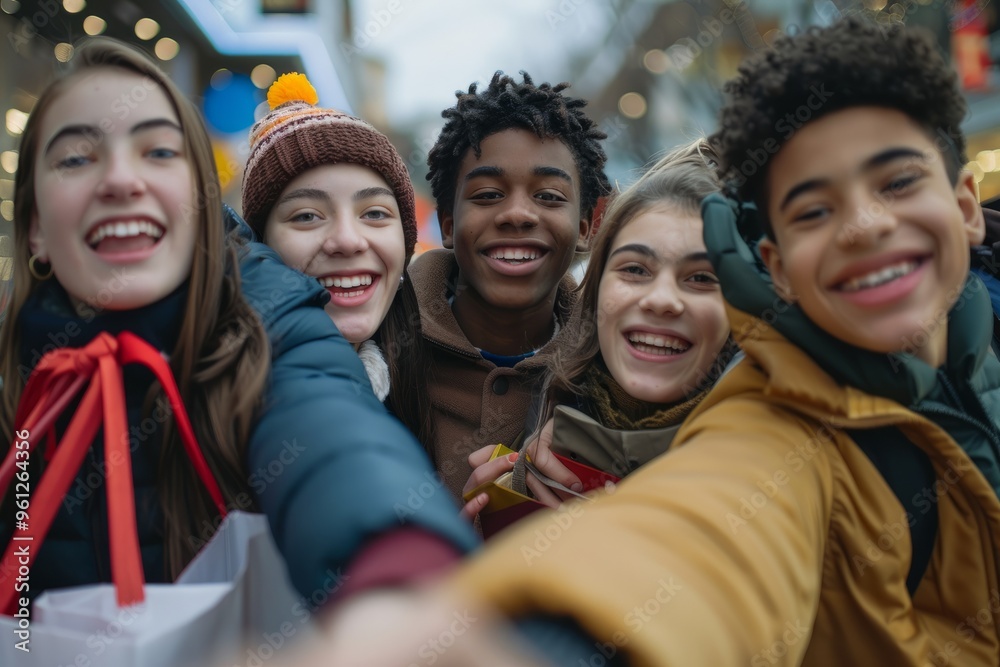Group of teenagers taking a selfie during winter shopping day Group of teenagers taking a selfie during winter shopping day
