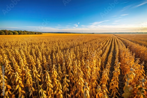 Aerial view of ripe soybean field ready for harvest with blue sky background